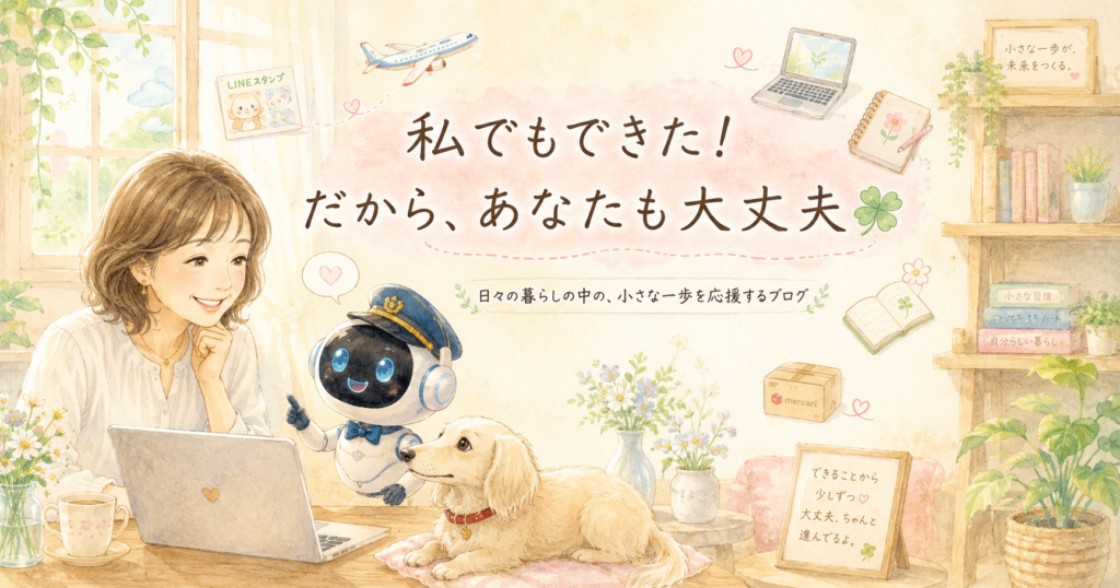 パソコンに向かう女性と、教官帽のAIロボットと犬の水彩イラスト。私でもできた！だから、あなたも大丈夫