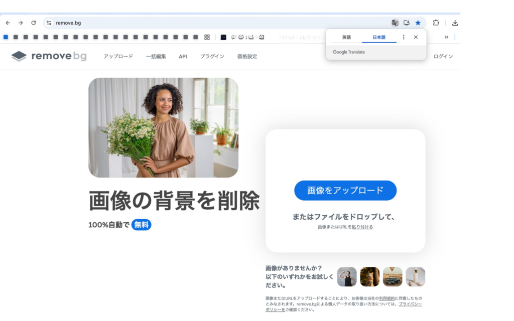 remove.bgで画像の背景を透過する画面