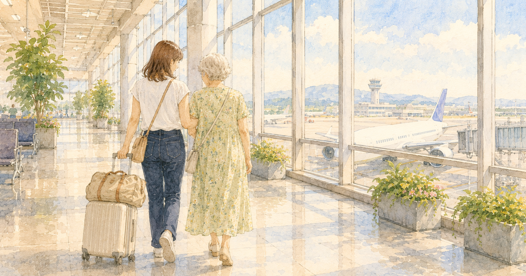 空港でスーツケースを引く娘と花柄ワンピースの母の後ろ姿の水彩イラスト