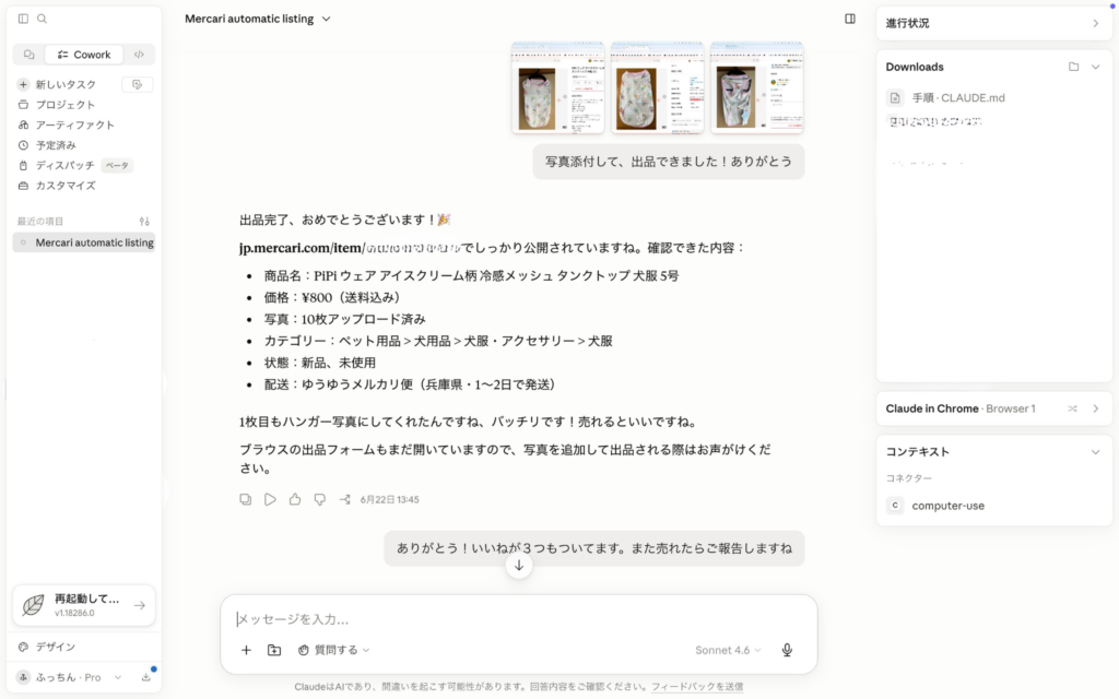 Coworkが出品作業の内容を箇条書きでまとめて報告しているチャット画面