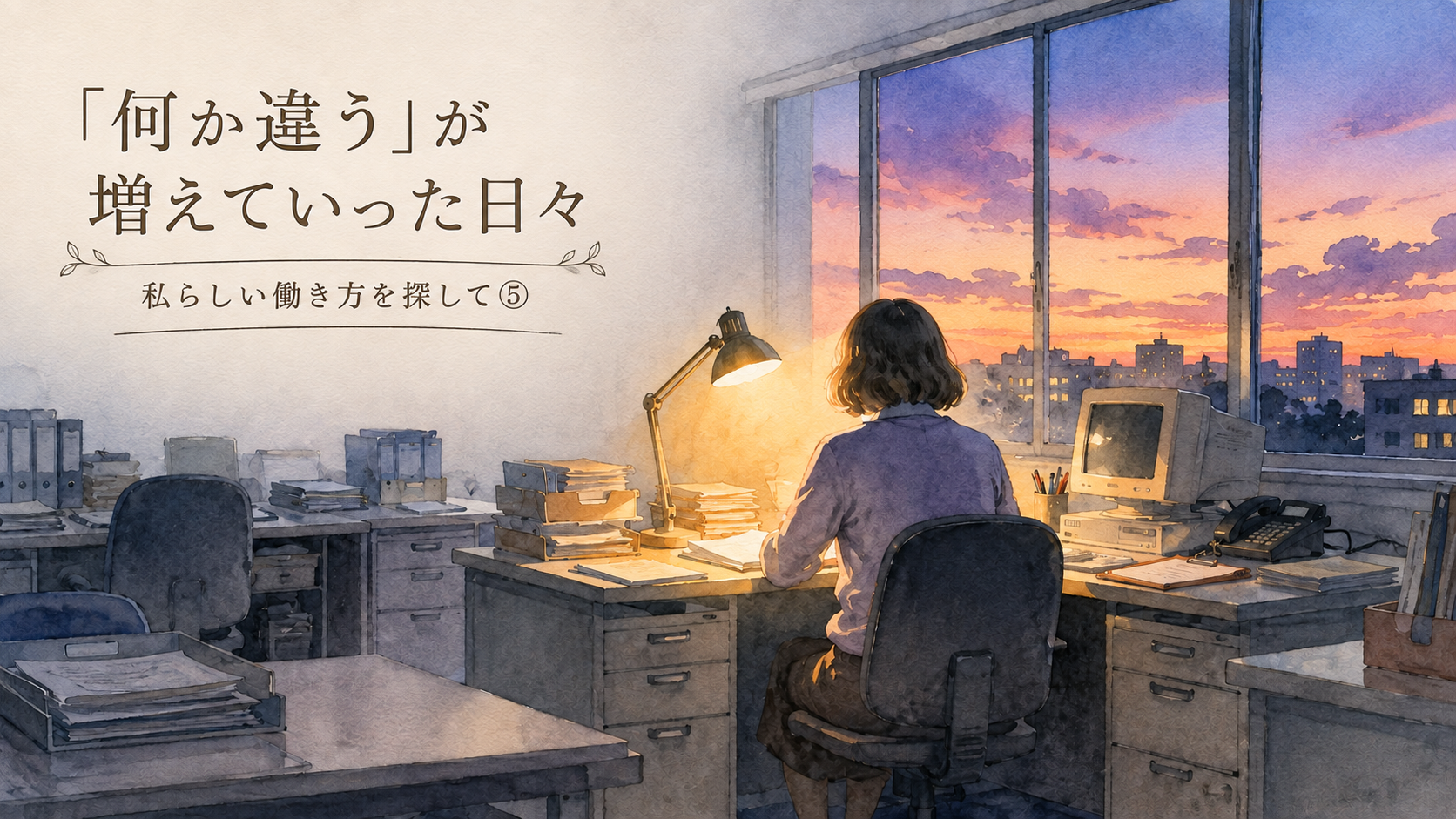 日が暮れた事務所で、書類とパソコンに向かう女性の後ろ姿の水彩イラスト
