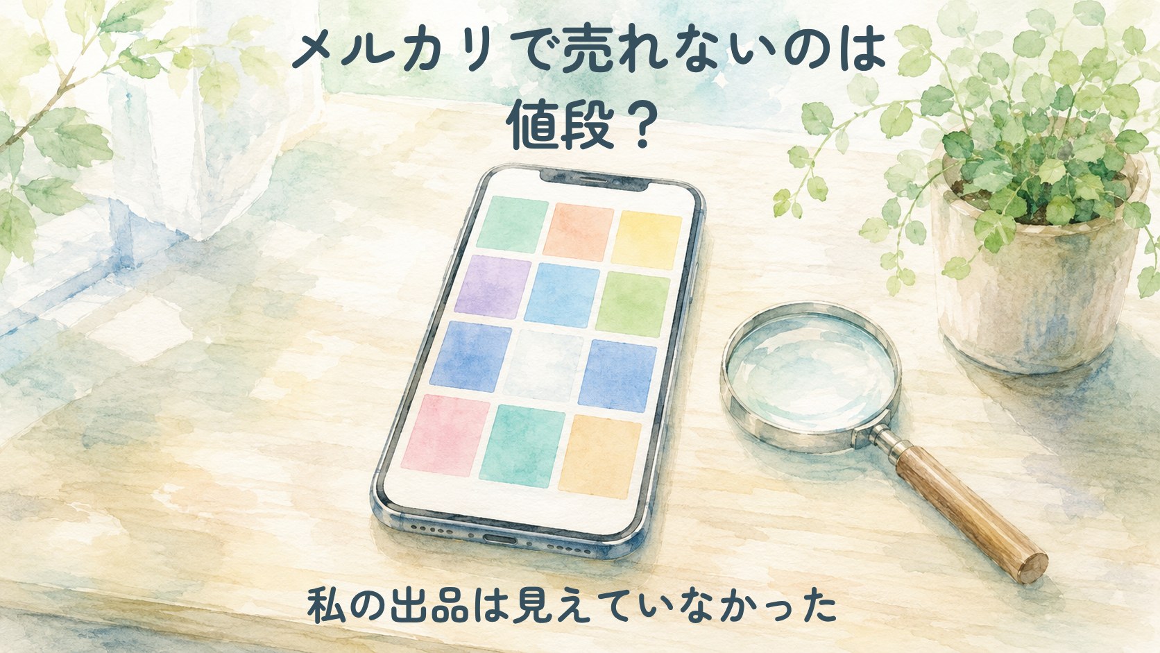 テーブルの上のスマートフォンに商品一覧が並び、そのうち1枚だけが消えかかっている様子を描いた水彩イラスト