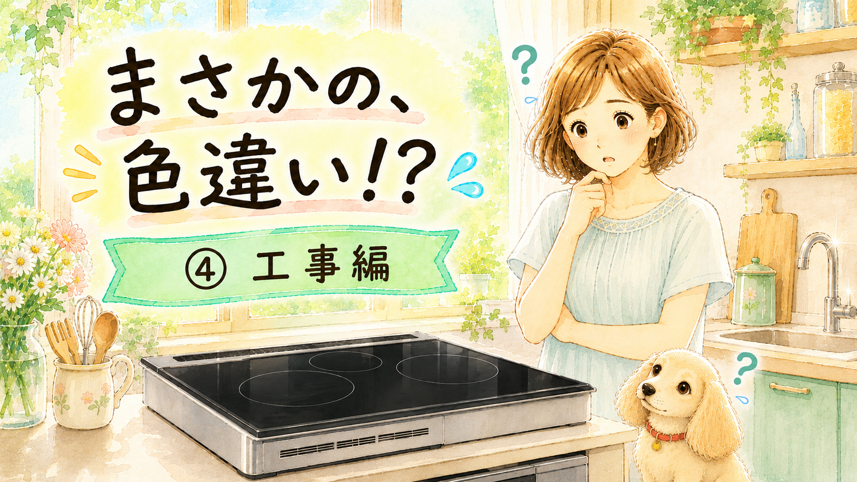 黒い天板のIHを前に首をかしげる50代女性と愛犬の水彩イラスト