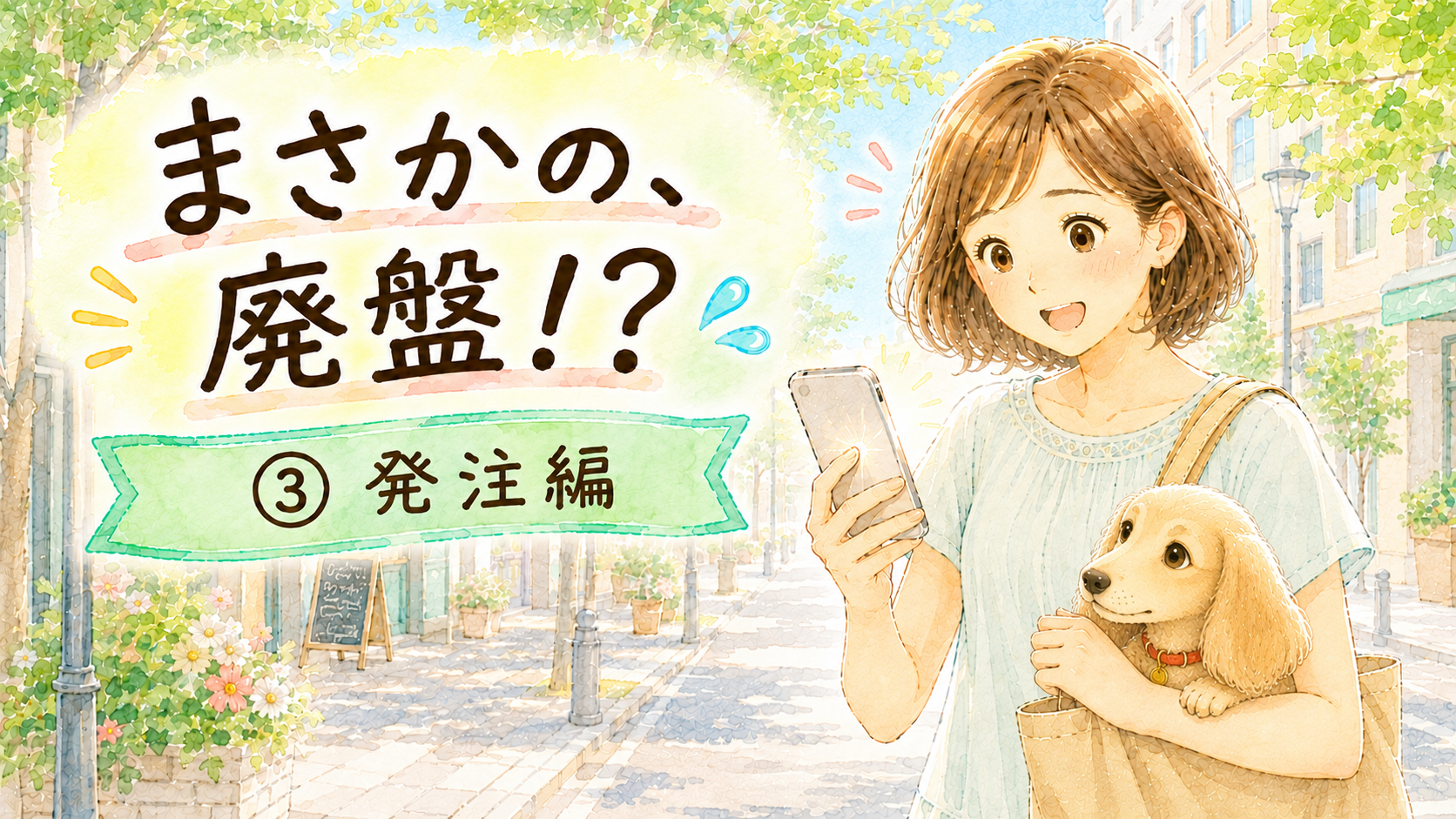 外出先でスマホの連絡を見て喜ぶ50代女性と、バッグから覗く愛犬の水彩イラスト