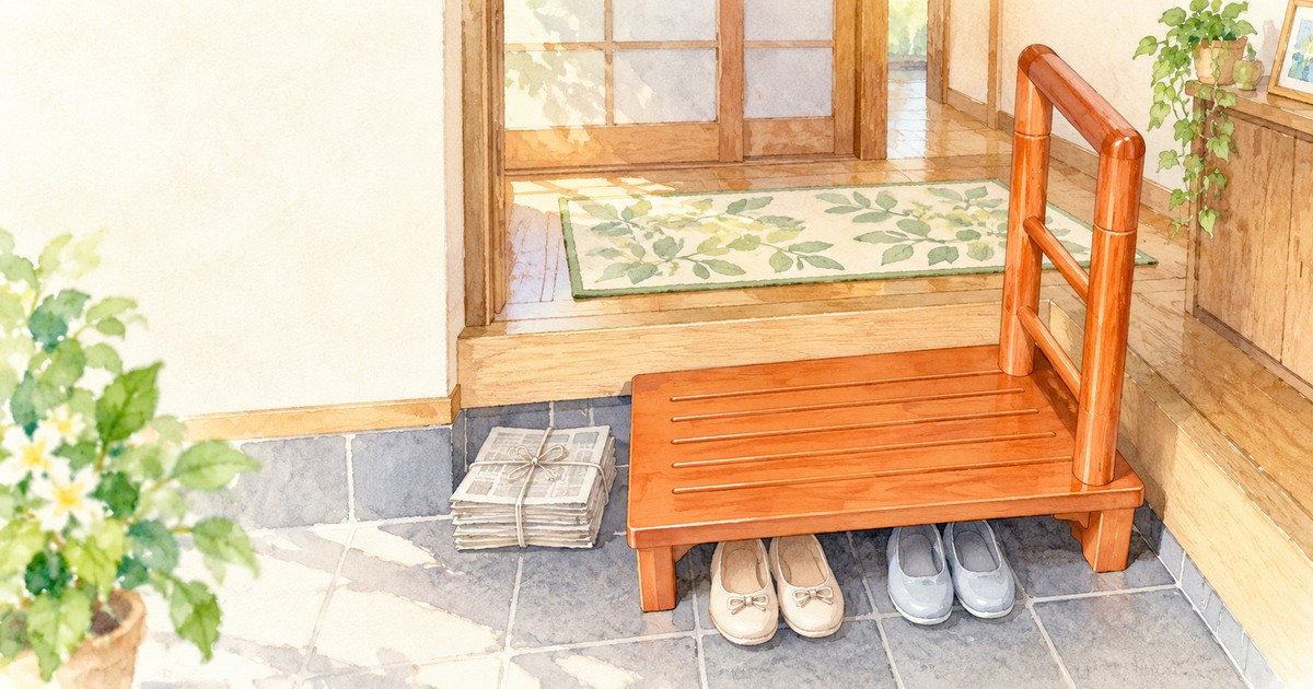 水彩イラスト：玄関の段差に置かれた木製の手すり付き踏み台と、その脇の新聞紙の束
