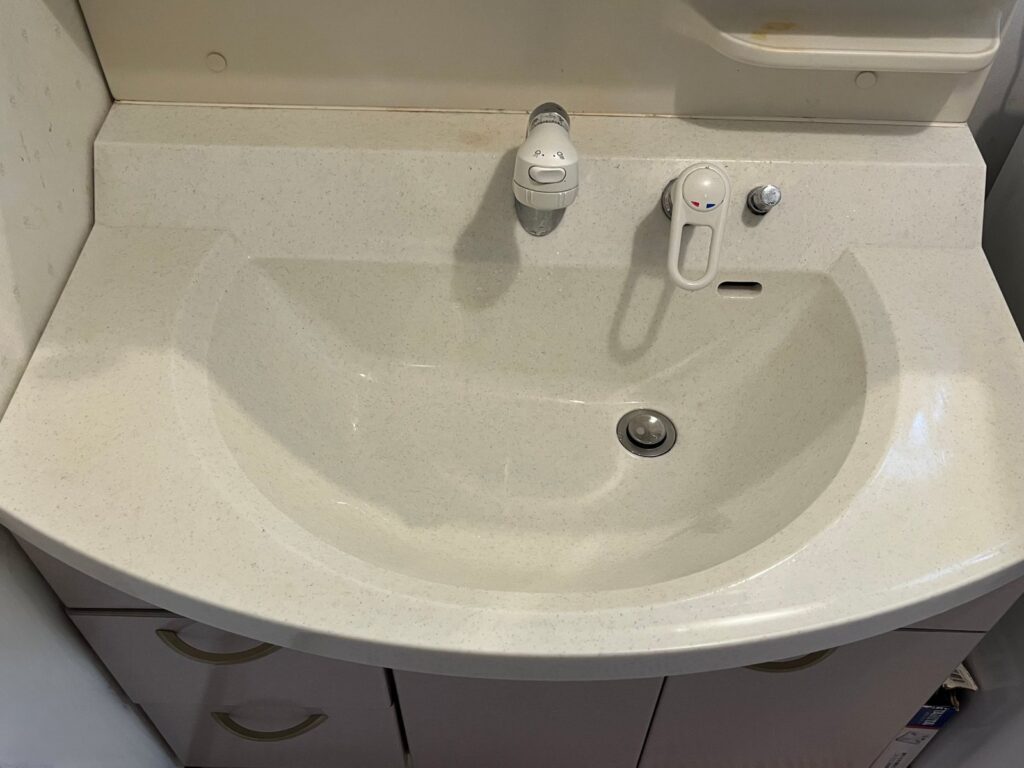 掃除後の洗面台。化粧品をどけて撮った、つるんとしたボウル